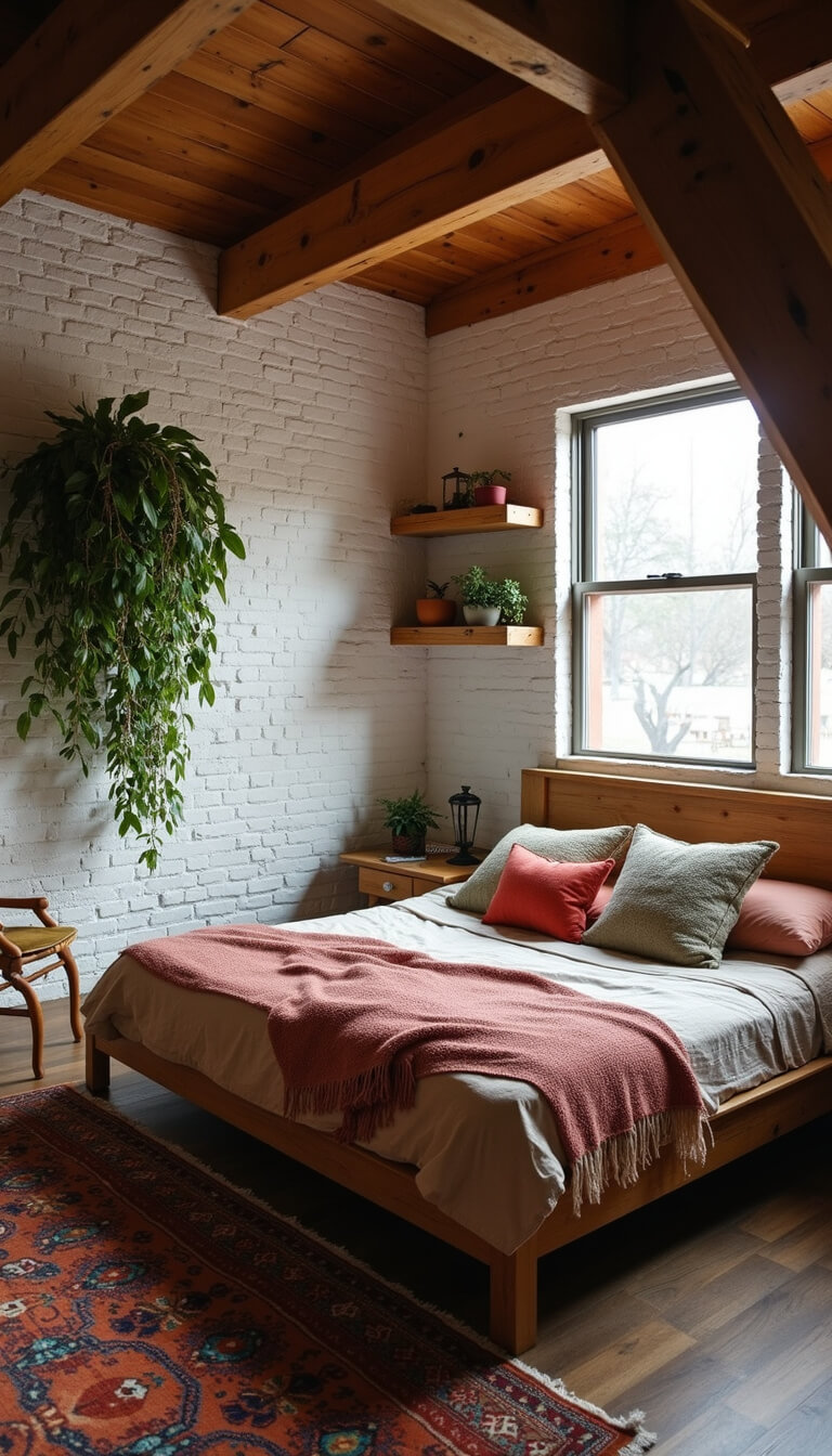Cozy attic bedroom with exposed beams, vintage peacock chair, cascading plants, low platform bed with woven throws, Moroccan lanterns, and Turkish rug.