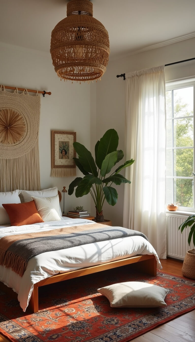 Bright corner bedroom with macramé headboard, layered Persian rugs, rattan pendant, silk floor cushions, and monstera plant.