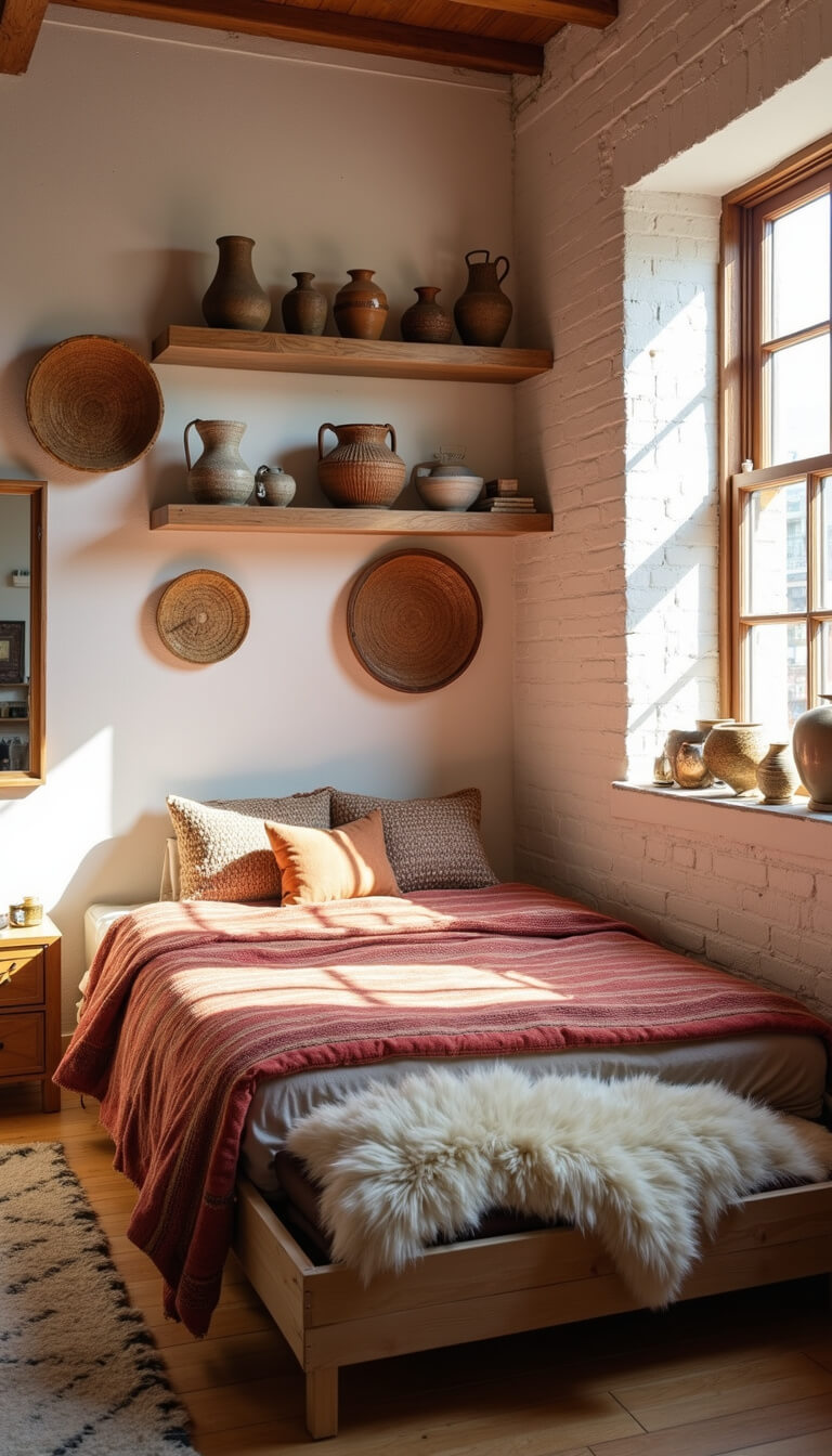 Sunlit converted loft bedroom with warm white brick wall, woven basket decor, low wooden bed with colorful Mexican blankets, large floor mirror, pottery on reclaimed shelves, and cozy sheepskin throws.