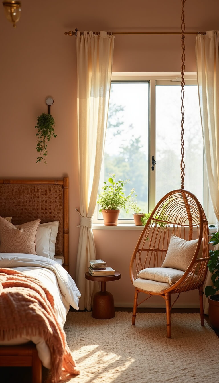 Sunlit serene bedroom with vintage bamboo headboard, layered neutral textiles, hanging rattan chair by window, brass accents, and trailing plants on windowsill.