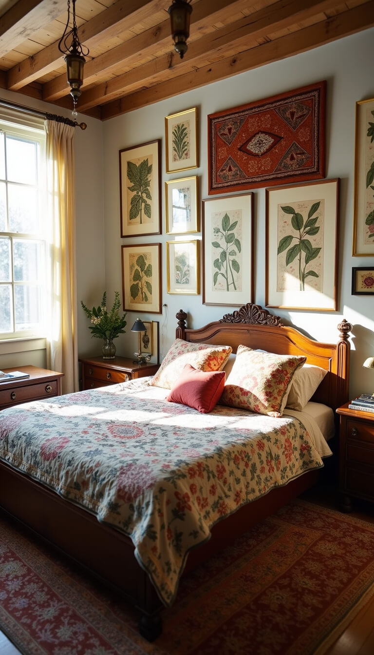 Eclectic 14x16ft bedroom with vintage botanical gallery wall, carved wooden bed with layered textiles, asymmetrical pendant lights, and antique trunks, lit by late afternoon sun.