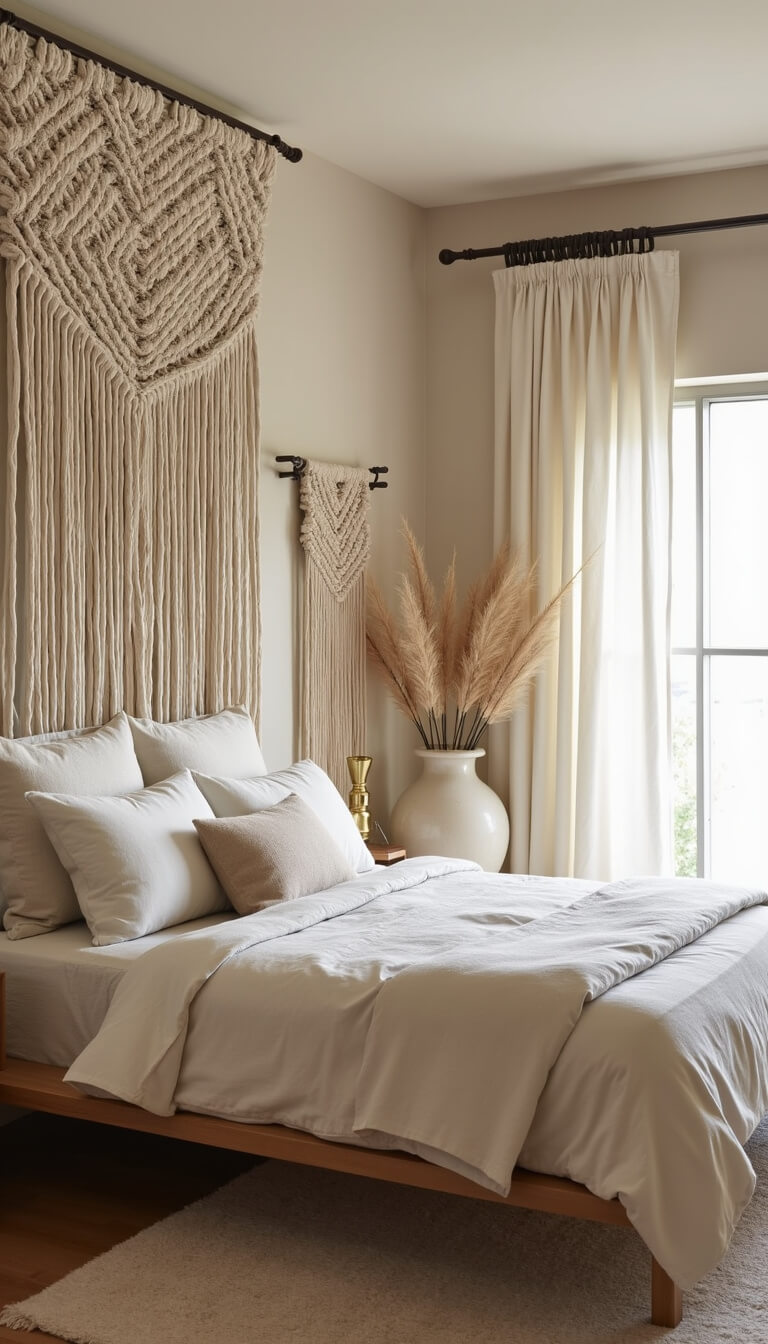 Minimalist 11x13ft boho bedroom with floating bed, macramé headboard, pampas grass in ceramic vases, neutral wall hanging, meditation cushions, and brass accents in sunlight.