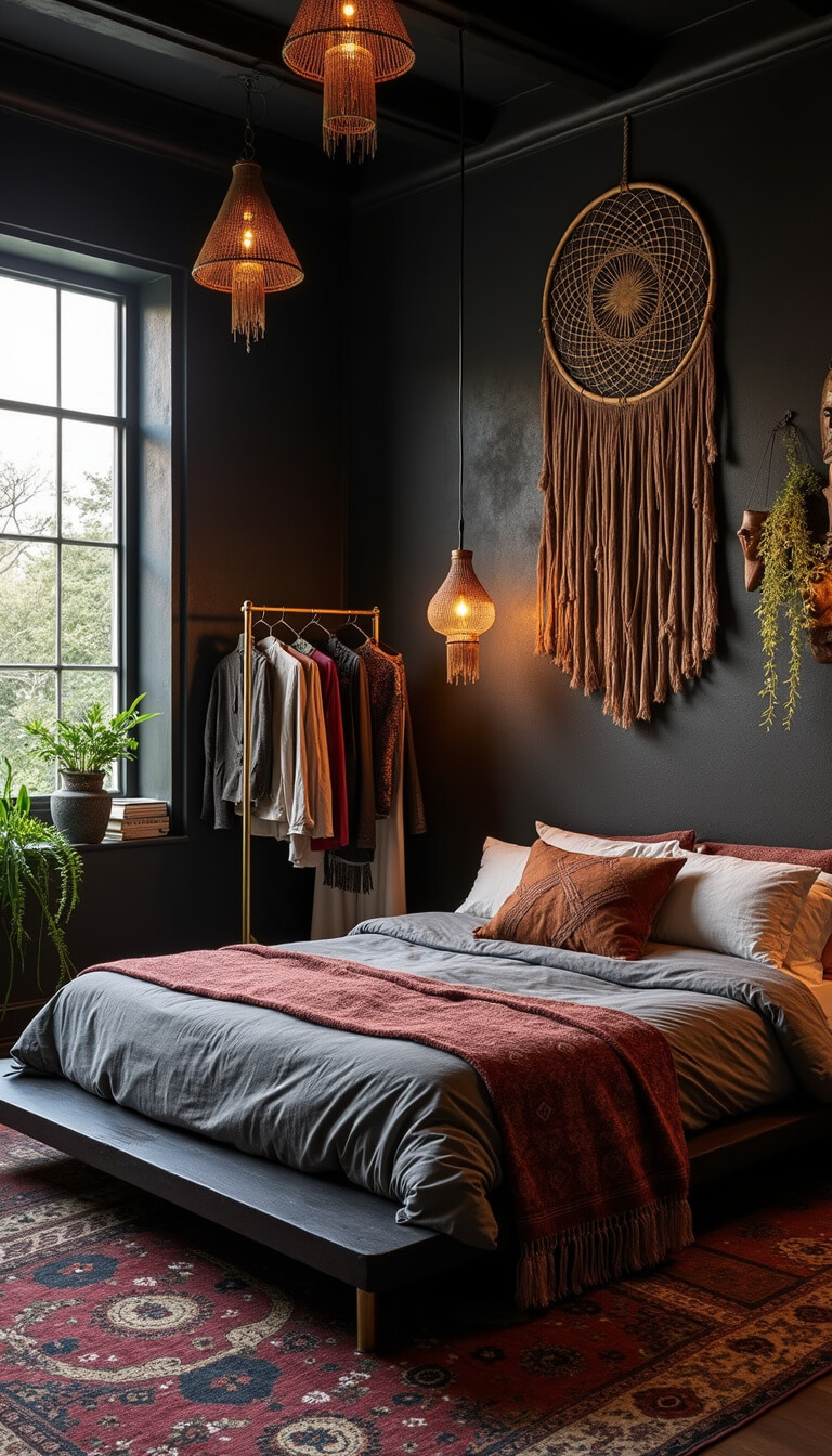 Sunset-lit 15x17ft bedroom with black accent wall, oversized dream catcher, low-profile bed with Moroccan blankets, brass clothing rack, carved wooden masks, pendant lights, and trailing plants by windows.