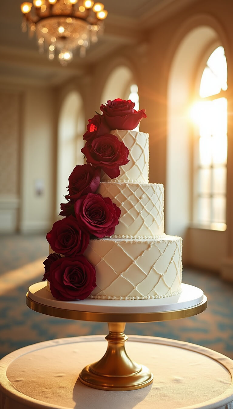 Heart-shaped four-tier wedding cake with geometric ivory buttercream and burgundy roses on gold stand in sunlit ballroom corner under crystal chandelier.
