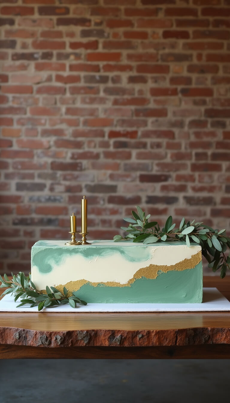 Elongated abstract buttercream cake with gold accents on raw wood table in modern loft with exposed brick and vintage decor.