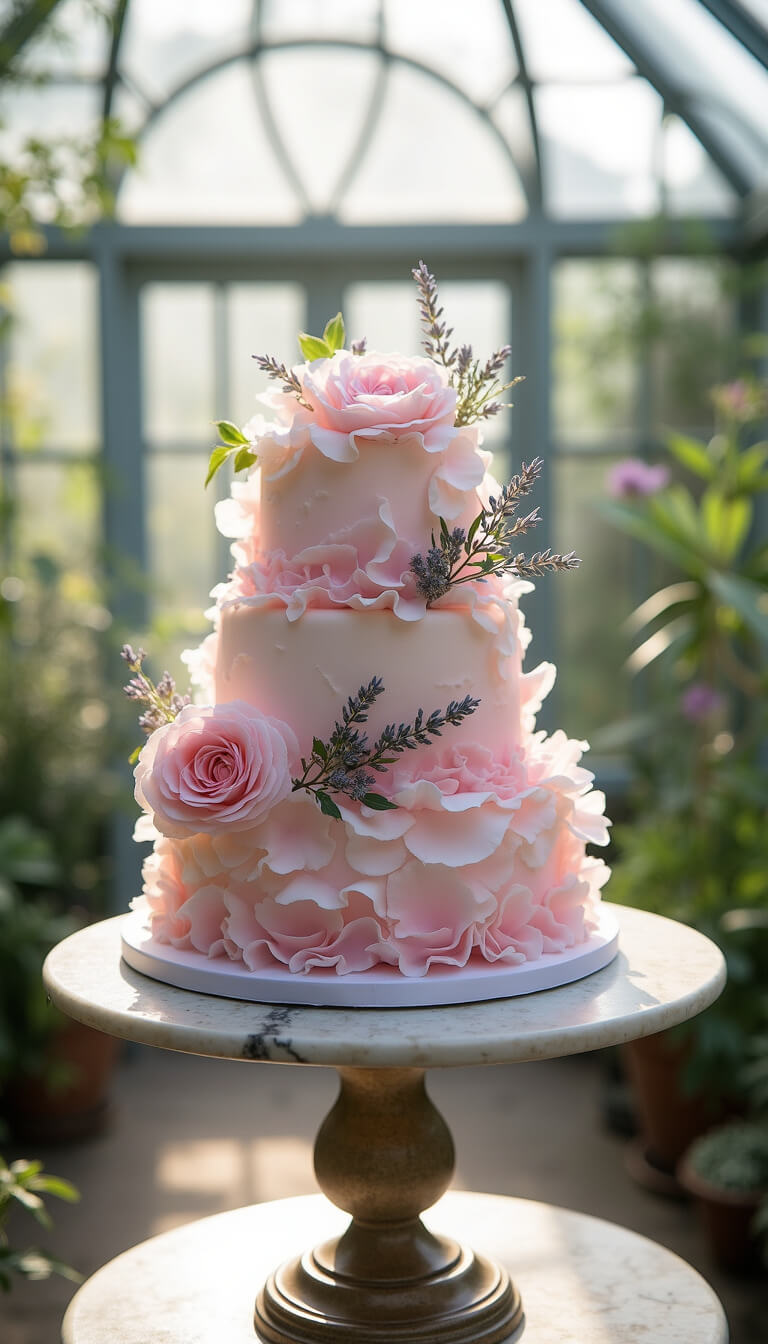 Three-tier blush-toned cake with wafer paper ruffles and lavender sprigs on marble pedestal in sunlit garden conservatory.