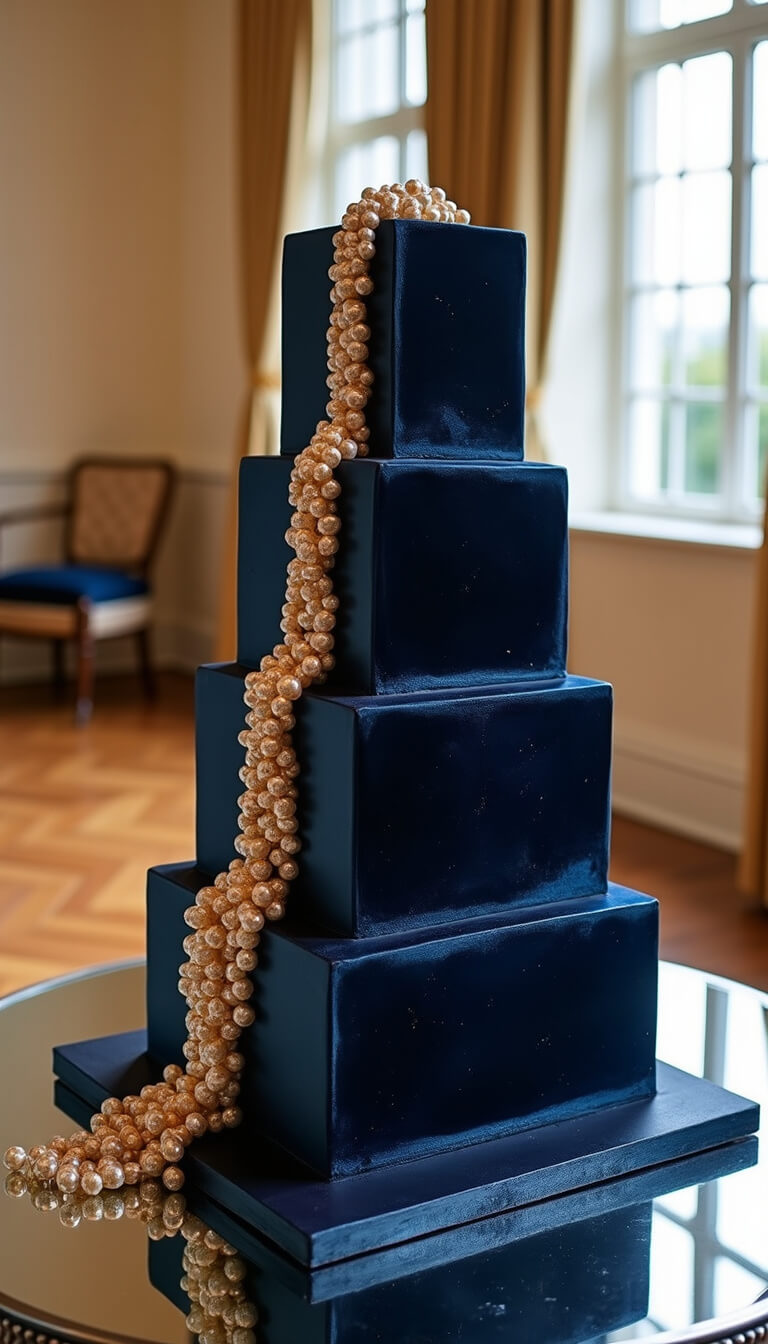 Four-tier navy velvet-sprayed cake with cascading champagne sugar pearls on mirrored platform in moody-lit classic ballroom with herringbone floors and sheer-curtained windows.