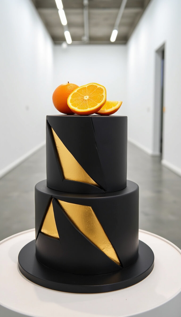 Minimalist white gallery with matte black geometric two-tier cake, gold accents, and citrus slices on polished concrete floor.