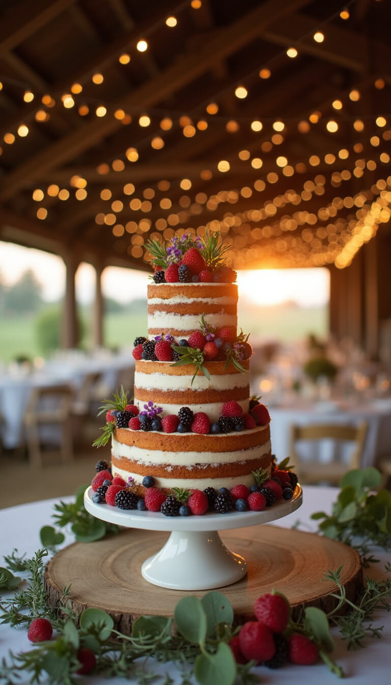 Three-tier naked cake with berries and wildflowers on vintage stand in rustic barn with fairy lights and golden hour lighting.