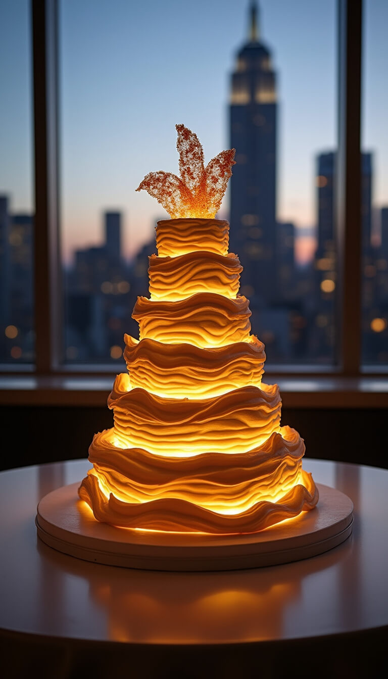 Tiered mille-feuille cake with cream and gold layers topped with caramelized sugar, set on a contemporary rooftop at twilight against a city skyline, illuminated by LED uplighting from a low angle.