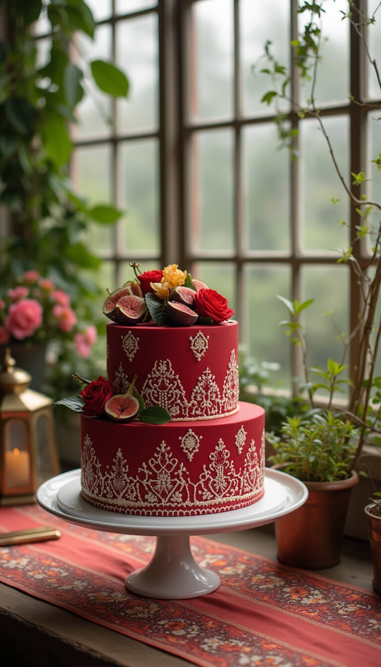 Red velvet cake with white chocolate henna patterns, figs, and roses in a sunlit bohemian greenhouse, styled with brass lanterns and silk runners.