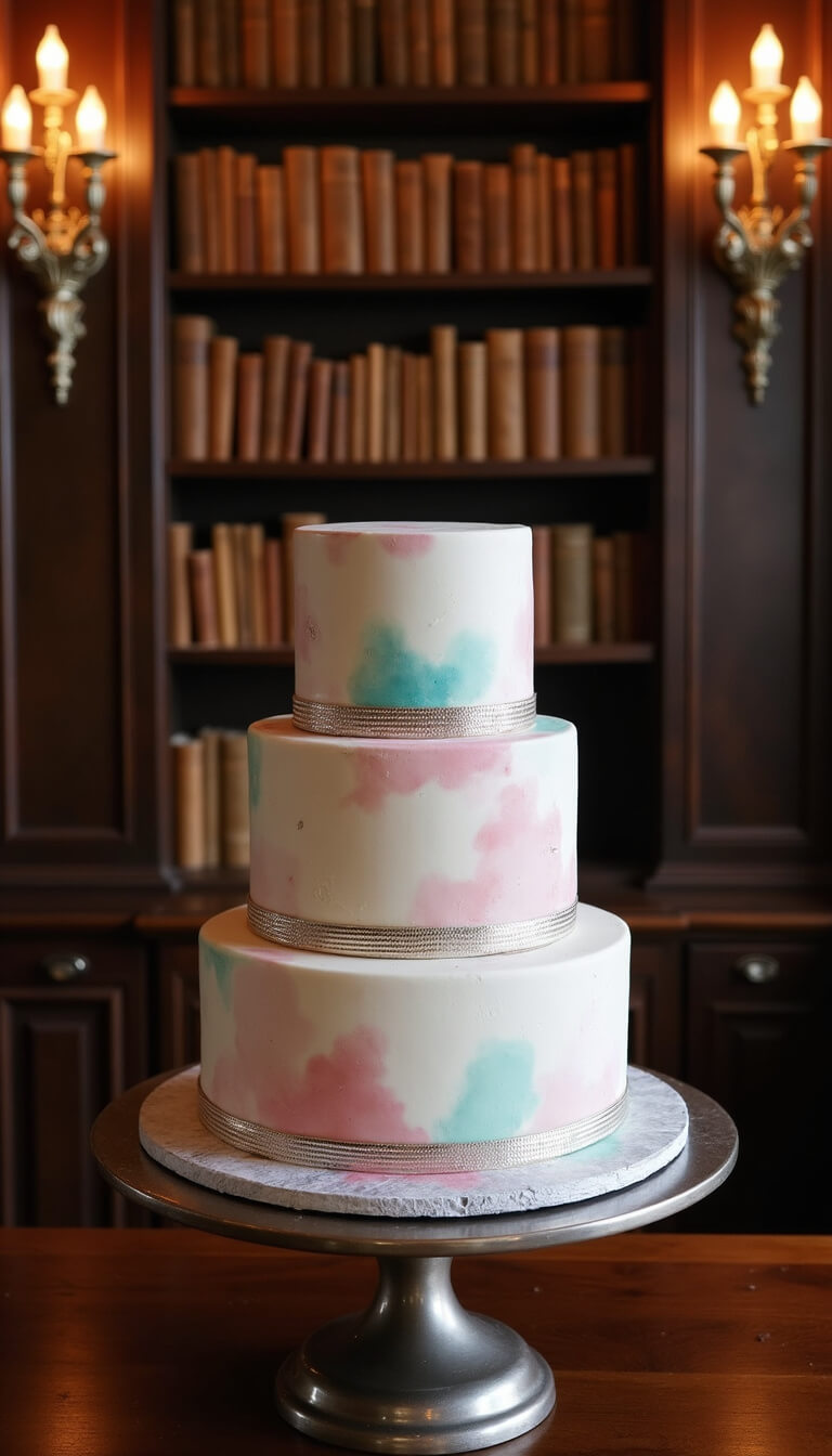 Pastel watercolor buttercream cake with silver leaf on antique stand in historic wood-paneled library with vintage books and moody art deco lighting.