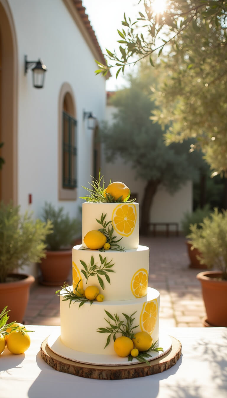 Lemon-themed three-tier cake with citrus motifs and candied lemons in a Mediterranean courtyard with white stucco walls, terracotta tiles, and dappled sunlight through olive trees.