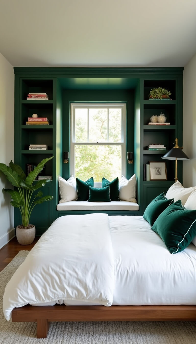 Modern primary bedroom with hunter green bookshelves, window seat, white king bed, green accents, and large monstera plant in natural midday light.