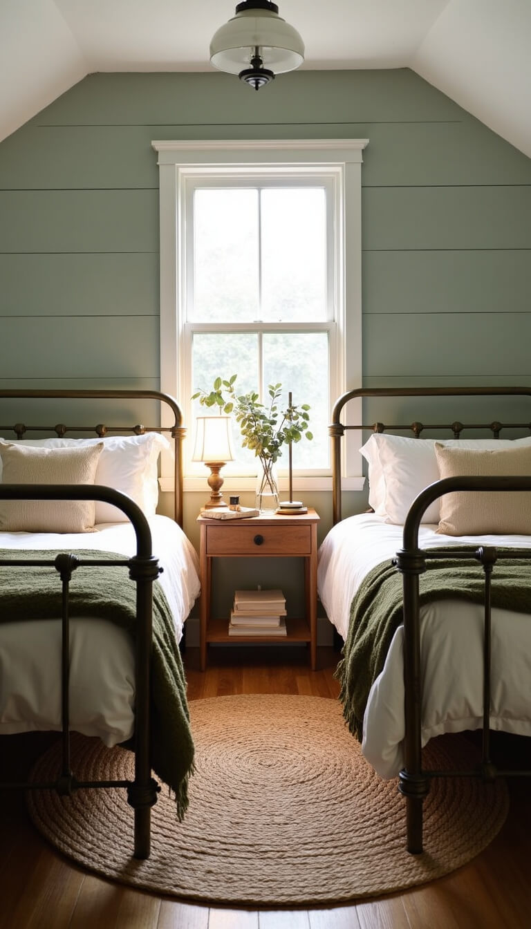 Cozy 10x12ft guest bedroom with twin brass beds, green wool blankets, antique brass lamps, jute rug, and eucalyptus branches in vase, softly lit at dusk.