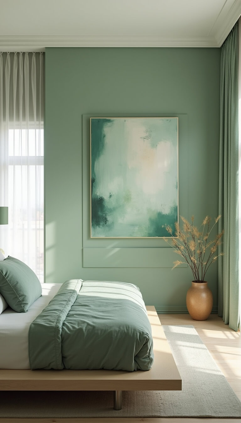 Contemporary 16x14ft bedroom with seafoam green plaster walls, modern bleached oak platform bed with mint and gray bedding, oversized green and white abstract art, and sheer curtains lit by morning light.