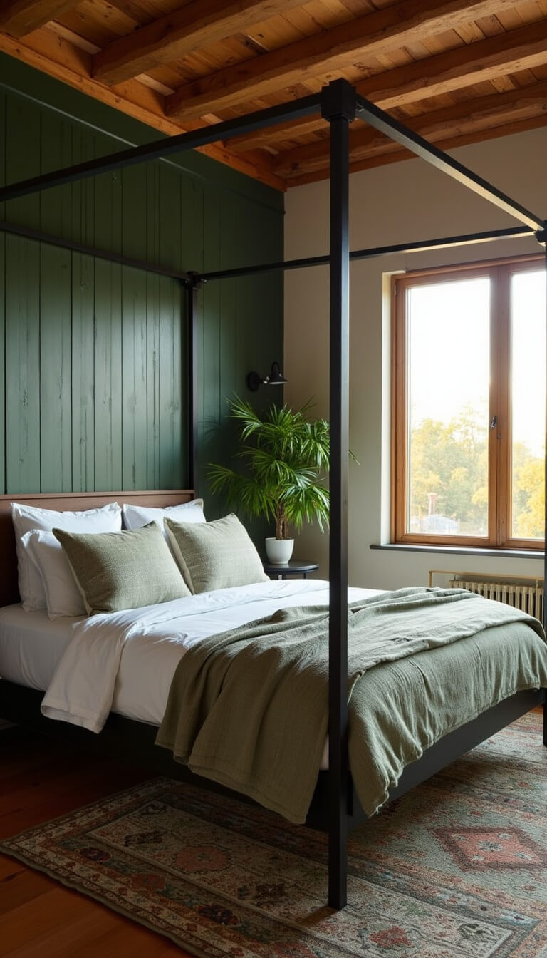 Rustic-modern 13x15ft bedroom with dark green accent wall, iron canopy bed, layered white and sage bedding, vintage green kilim rug, black sconces, and golden hour sunlight.