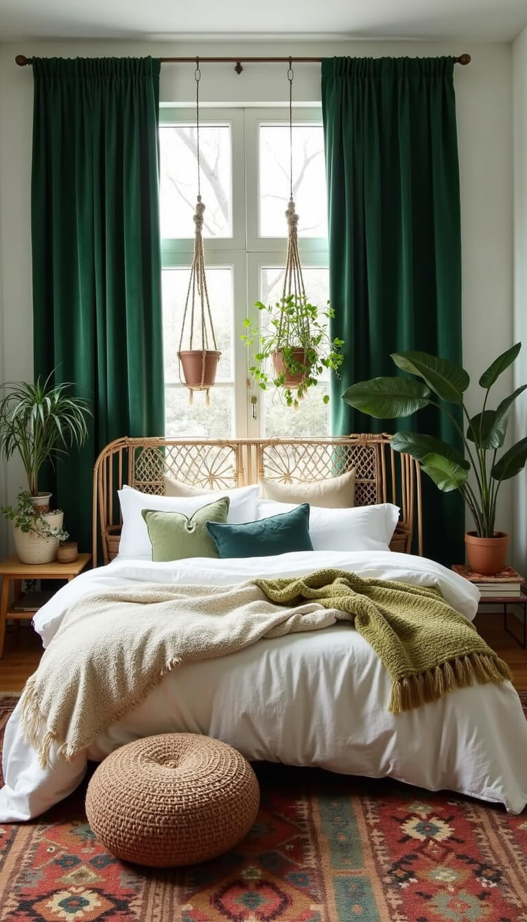 Bohemian 12x14ft bedroom with emerald green velvet curtains, rattan bed layered in white, cream, and moss green textiles, macramé-hung plants, and Moroccan floor cushions, viewed from above.