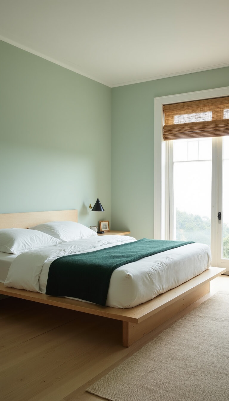 Minimalist 14x16ft bedroom at dawn with pale mint walls, white trim, low light oak platform bed, white bedding, dark green throw, and bamboo shades.