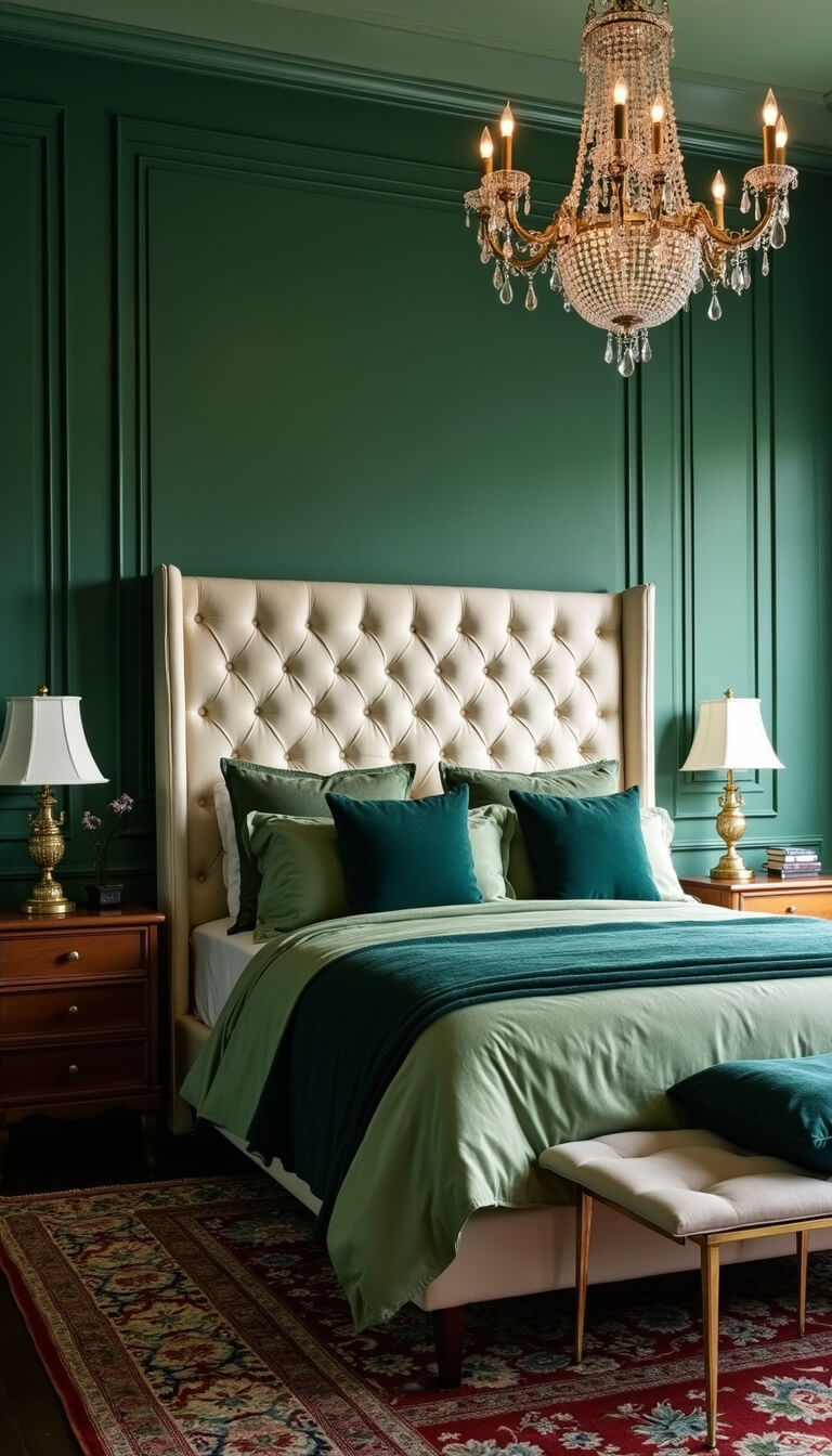 Elegant 15x17ft bedroom at twilight with forest green grasscloth walls, tufted cream headboard, emerald and sage bedding, crystal chandelier, and antique Persian rug.