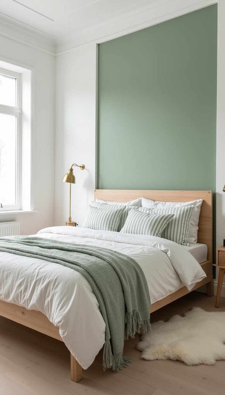 Scandinavian 11x13ft bedroom with sage green accent wall, light pine bed and striped linens, sheepskin rugs, and minimal brass lighting in natural midday light.