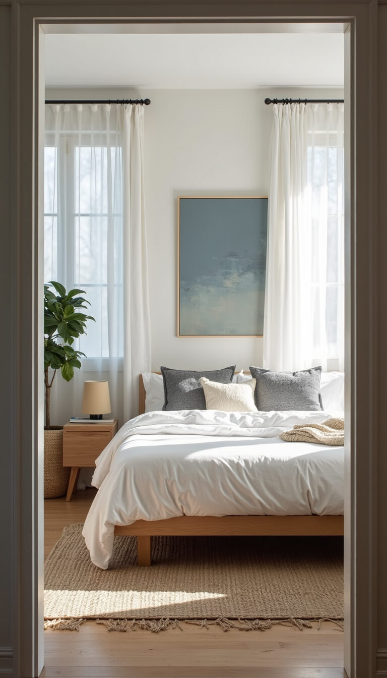 Modern 14x16ft bedroom with floor-to-ceiling windows, platform bed with white bedding, oak nightstands, abstract blue artwork, layered rugs, and a fiddle leaf fig in soft morning light.