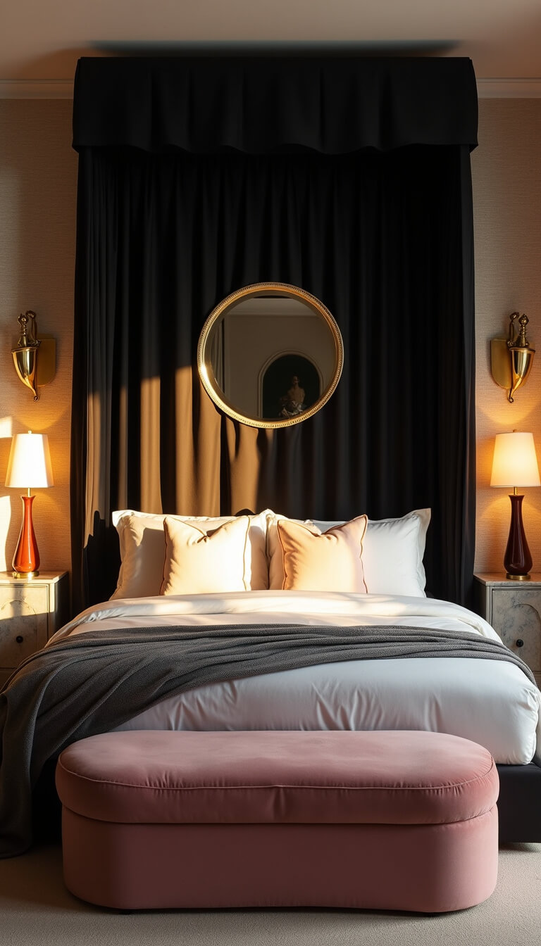 Luxurious 12x12ft bedroom at golden hour with dramatic black canopy bed, ivory grasscloth wall, vintage brass sconces, marble-topped nightstands, dusty rose velvet bench, and oversized round mirror reflecting sunset glow.