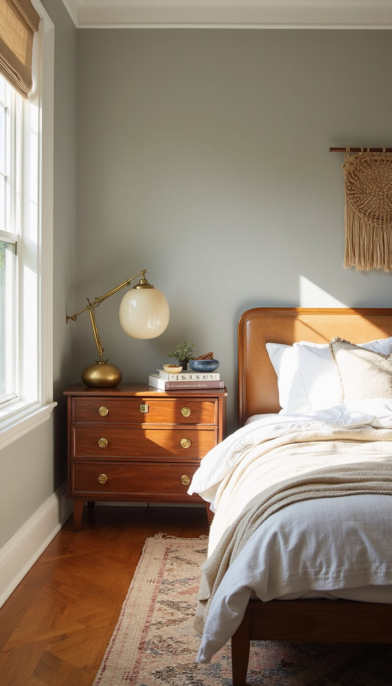 Sunlit primary bedroom with vintage leather headboard, mid-century walnut furniture, layered neutral bedding, and Moroccan rug on herringbone floors.