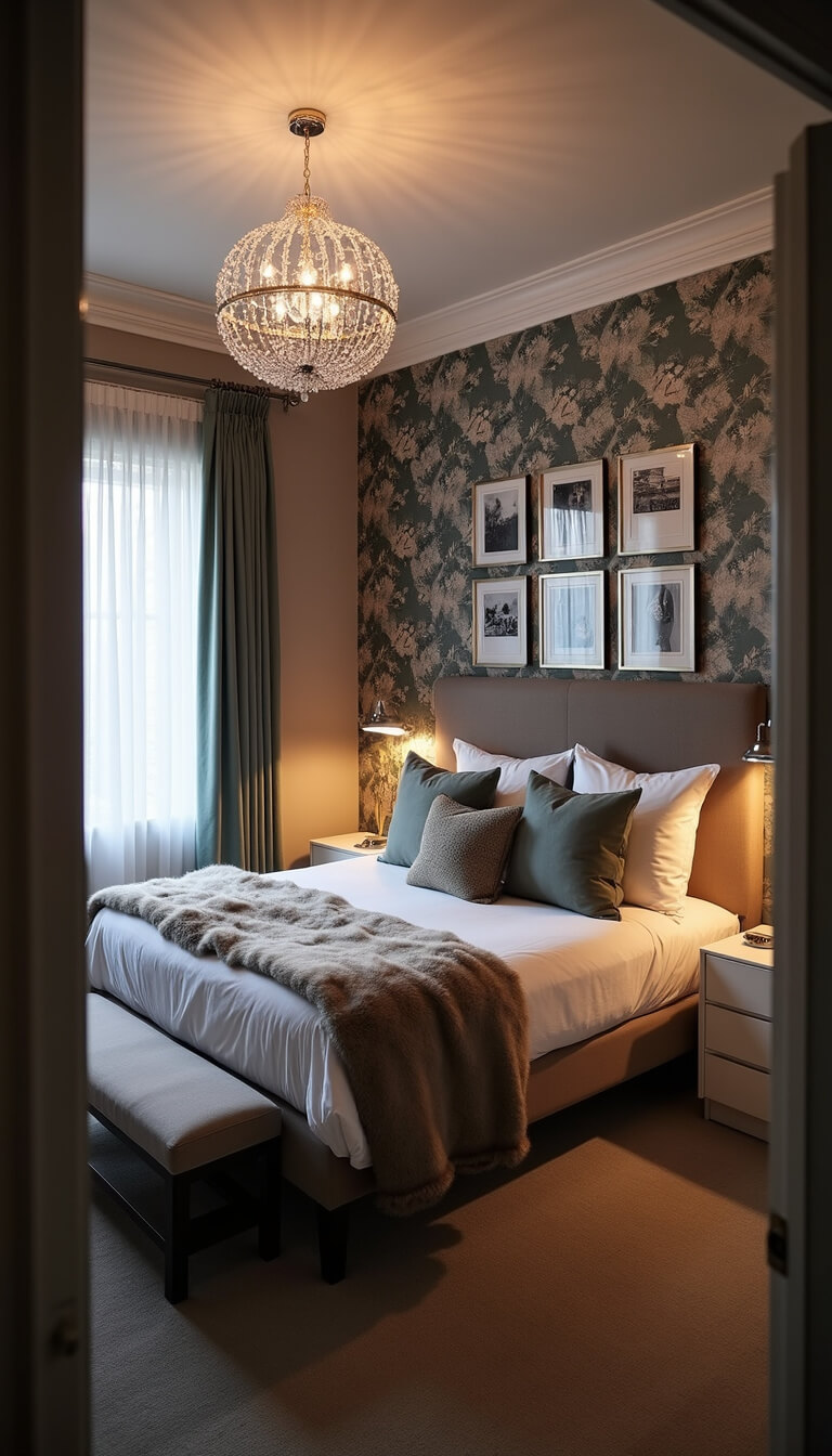 Cozy 13x14ft bedroom at dusk with botanical wallpaper accent wall, upholstered queen bed, crystal chandelier, white nightstands, asymmetrical black-and-white photo gallery, and luxe decor.