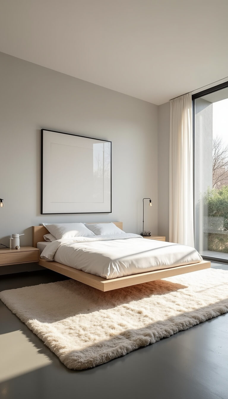 Minimalist 16x16ft bedroom with platform oak bed, white textured bedding, floating nightstands, large black-framed photo, concrete floors, cream rug, and dramatic floor lamp in afternoon light.