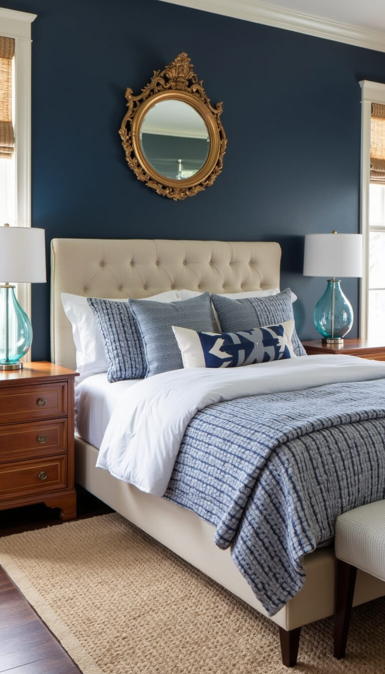 Traditional-meets-modern bedroom with tufted linen headboard, navy accent wall, layered blue and white bedding, antique gilt mirror, and sisal rug.
