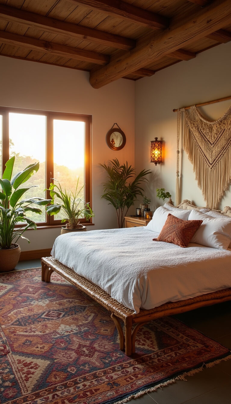 Bohemian luxe bedroom with low rattan bed, textured white bedding, macramé wall hanging, layered Moroccan rugs, metallic accents, and potted palms at sunset.