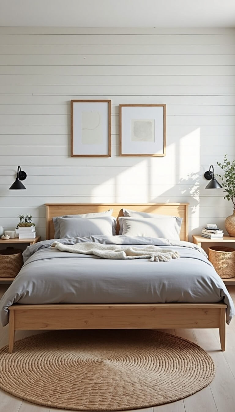 Scandinavian-style 12x14ft bedroom with pale wood bed, gray linen bedding, white shiplap wall, black sconces, jute rug, and minimal decor in morning light.