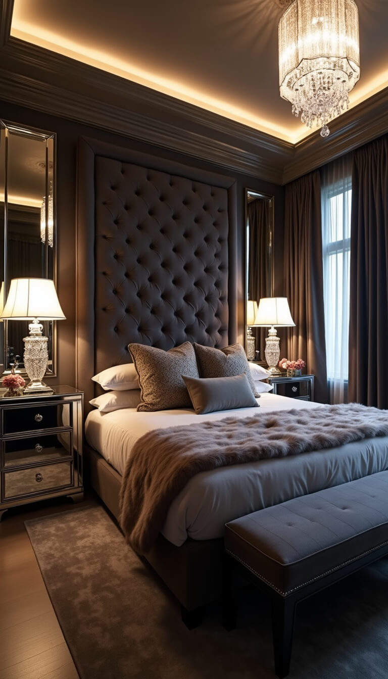Luxurious 16x14ft bedroom at twilight with charcoal velvet tufted headboard, mirrored nightstands, crystal lamps, faux fur throws, metallic pillows, art deco pendant light, and dramatic lighting.
