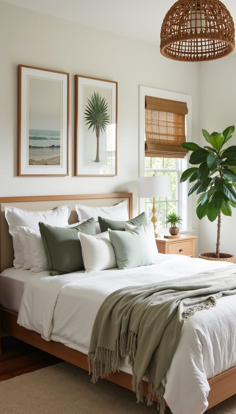 Bright California casual bedroom with white oak bed, linen headboard, coastal art gallery wall, rattan pendant, woven shades, sage green accents, fiddle leaf fig, and natural light.