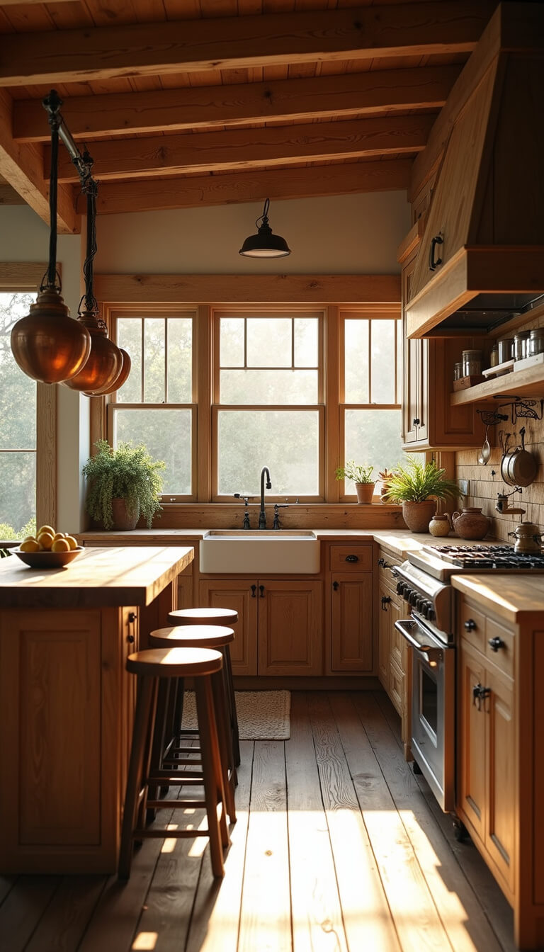 Photorealistic rustic kitchen with distressed hickory cabinets, butcher block island, and golden hour sunlight streaming through west-facing windows.