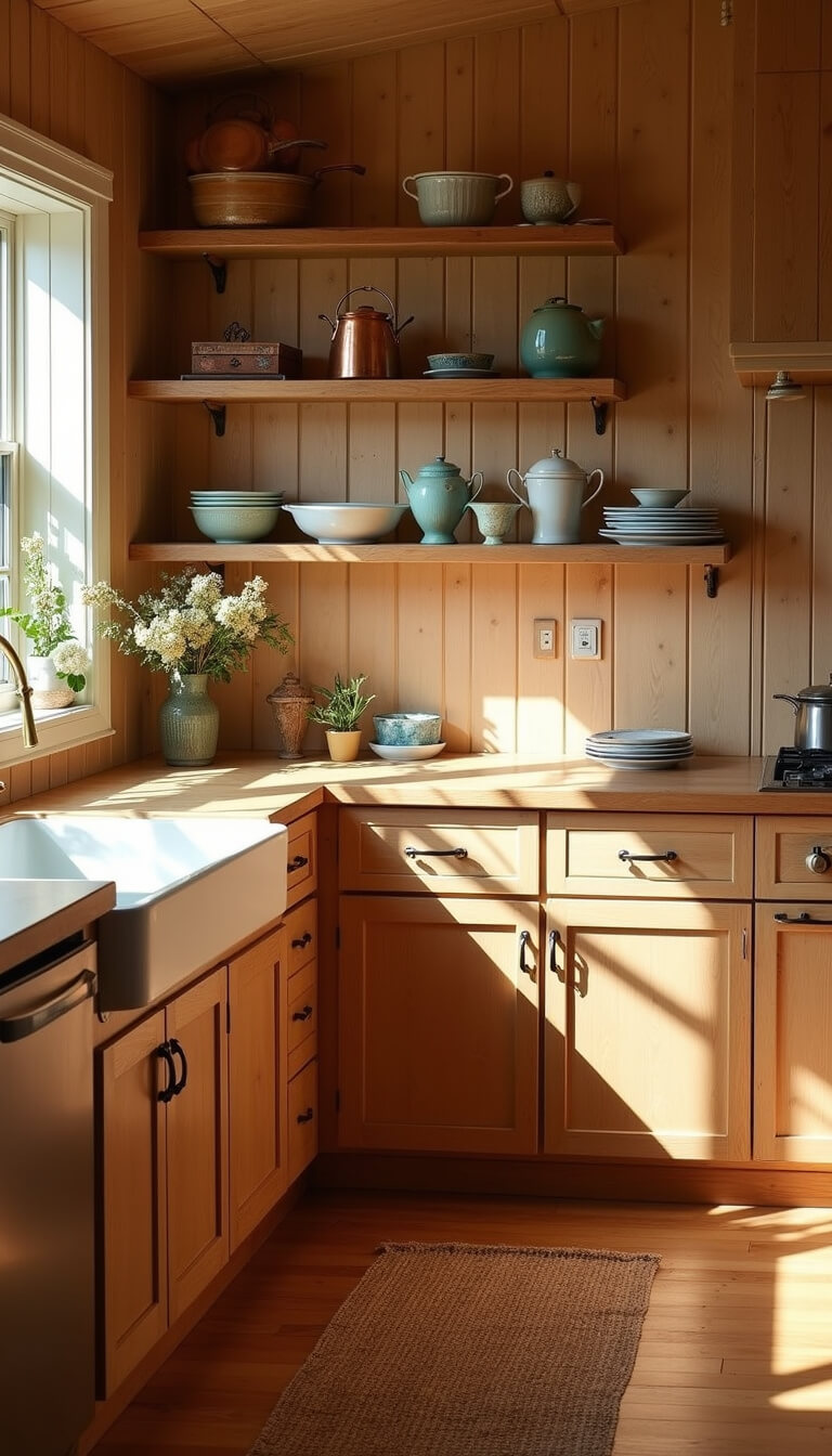 Warm morning light in a cozy 10x12ft kitchen with honey oak cabinets, vintage copper cookware on open shelves, and a handwoven runner on pine floors.