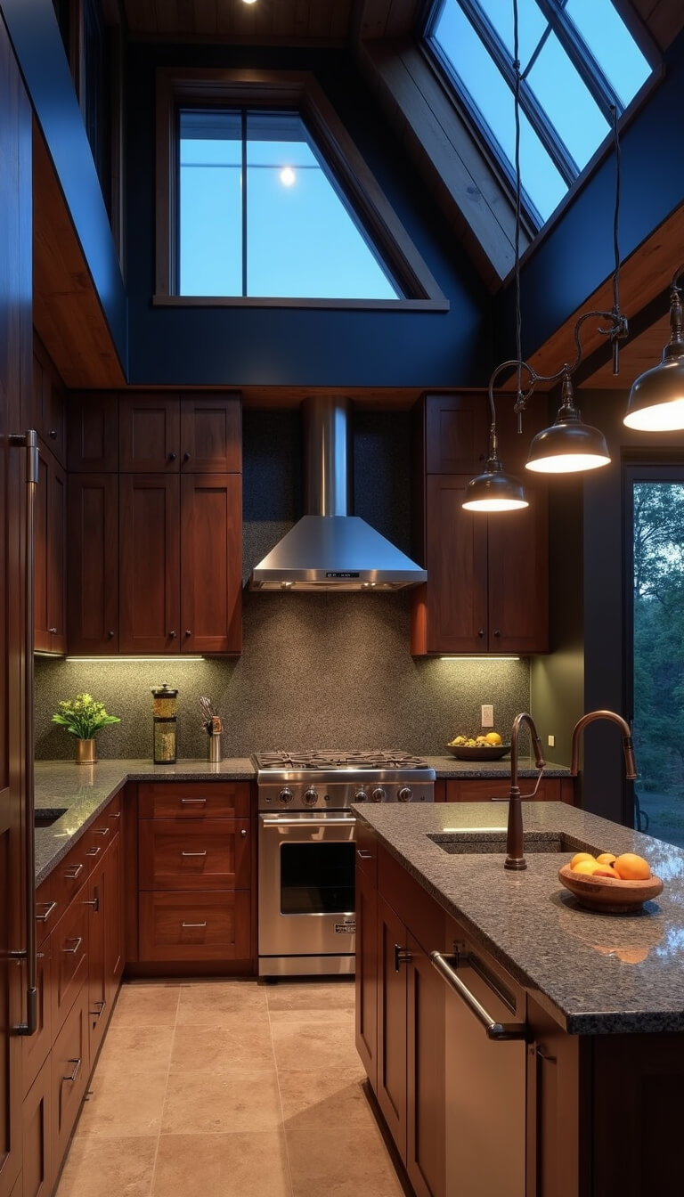 Moody professional kitchen with walnut cabinets, leathered granite island, and wrought iron pendant lights, viewed from above during blue hour.