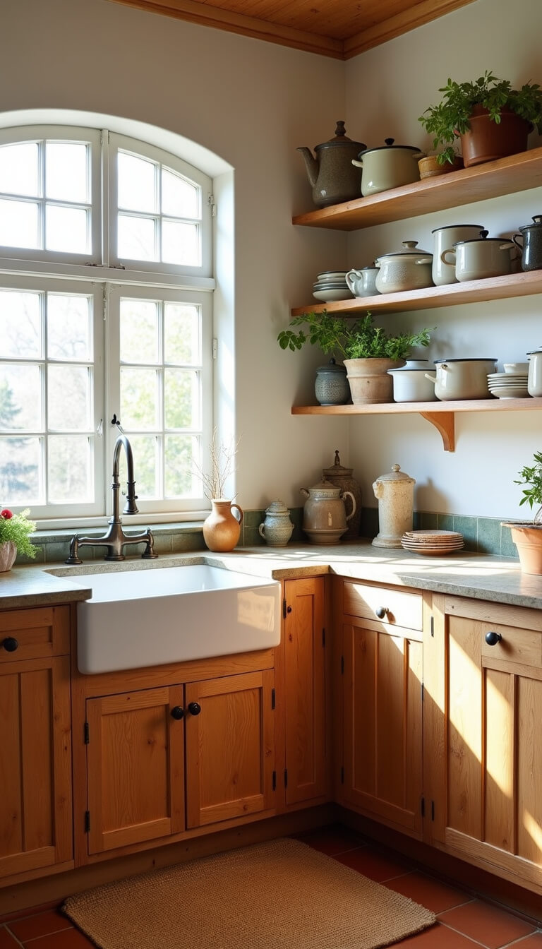 Eye-level view of a sunlit farmhouse kitchen with knotty pine cabinets, vintage enamelware on open shelves, a white ceramic sink under mullioned windows, terracotta tile floor with a jute rug, and a cozy, lived-in feel.
