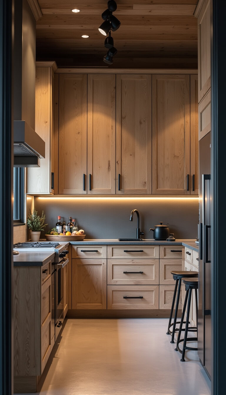 Rustic modern kitchen with mixed-wood cabinets, concrete countertops, and industrial accents, photographed at dusk from doorway angle.