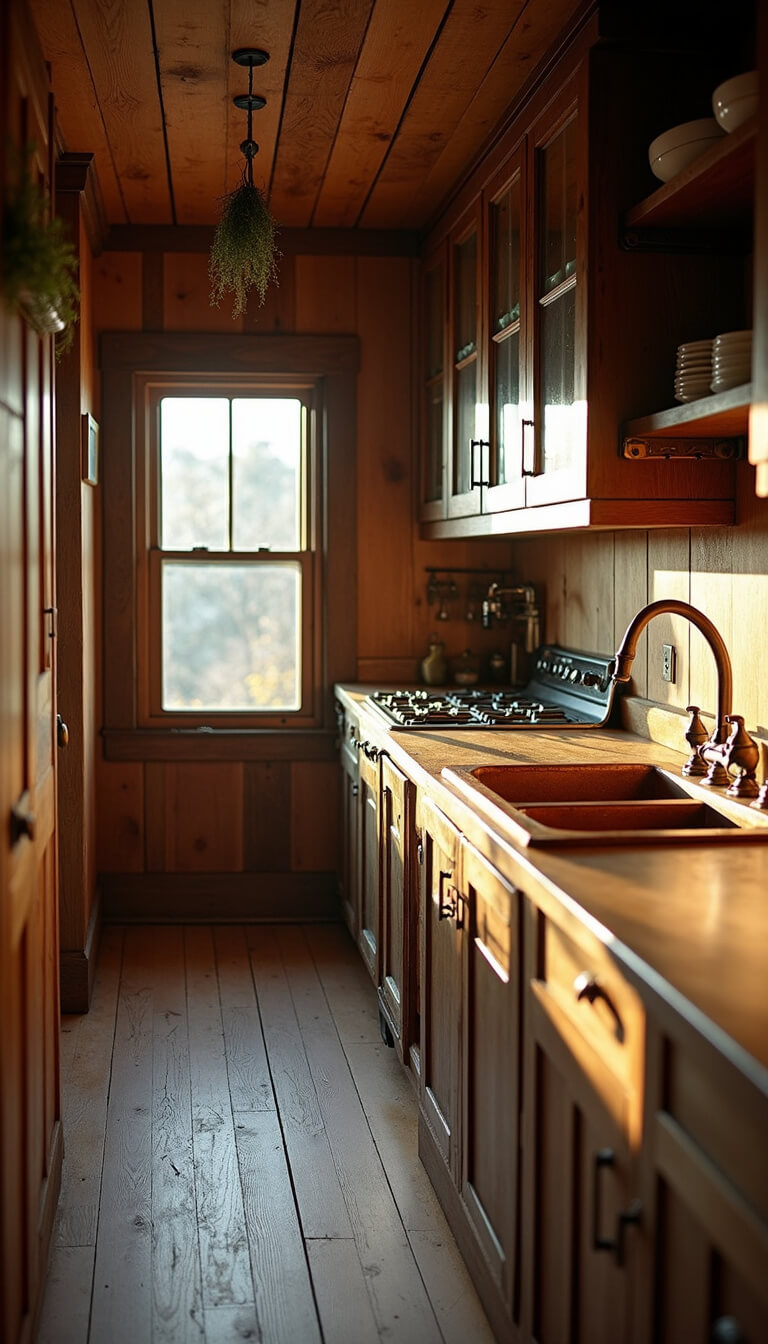 Cozy 8x12ft galley kitchen with reclaimed barn wood cabinets, copper sink, vintage glass-front cabinets, and herbs drying from ceiling, bathed in warm late afternoon light.