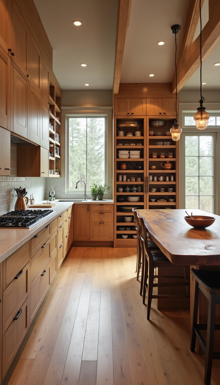 Bird's eye view of a spacious 16x20ft chef's kitchen with natural hickory cabinets, floor-to-ceiling pantry and ladder, central island with live-edge breakfast bar, and artfully displayed copper and cast iron cookware in soft natural light.