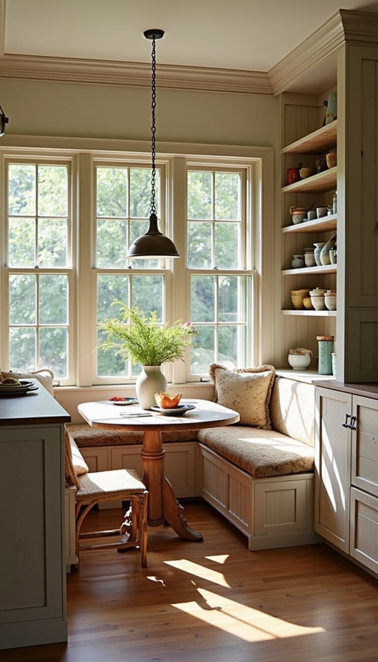 Cozy breakfast nook with built-in bench seating, rustic white oak cabinetry, vintage pottery on open shelves, and morning light streaming through garden windows.