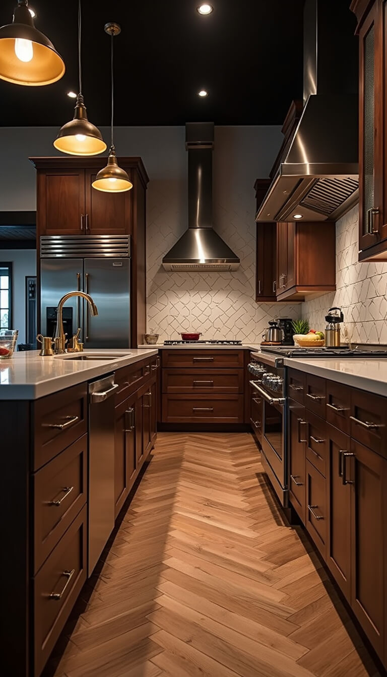 Low-angle view of an industrial-rustic professional kitchen with dark walnut cabinets, antique brass hardware, stainless steel appliances, herringbone wood floors, and dramatic pendant lighting.