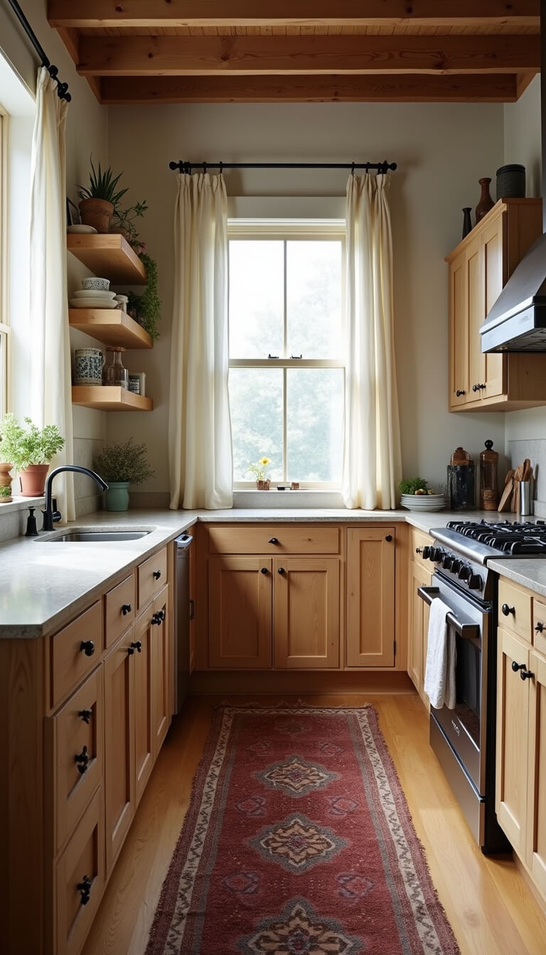 Compact urban kitchen with reclaimed pine cabinets, floating shelves, and artisanal decor, softly lit by afternoon light through linen curtains.