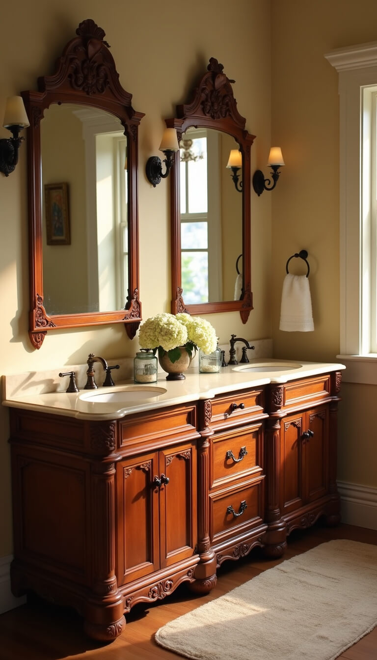 Low-angle view of a warm, traditional bathroom at golden hour featuring a cherry wood double vanity with cream quartz top, ornate details, matching mirrors with sconces, vintage decor, and soft mixed lighting.