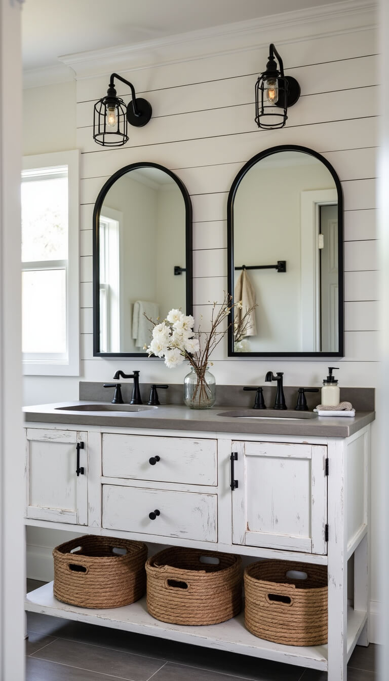 Modern farmhouse bathroom with distressed white vanity, concrete countertop, black matte fixtures, shiplap wall, industrial mirrors, and cage lighting in bright, airy setting.