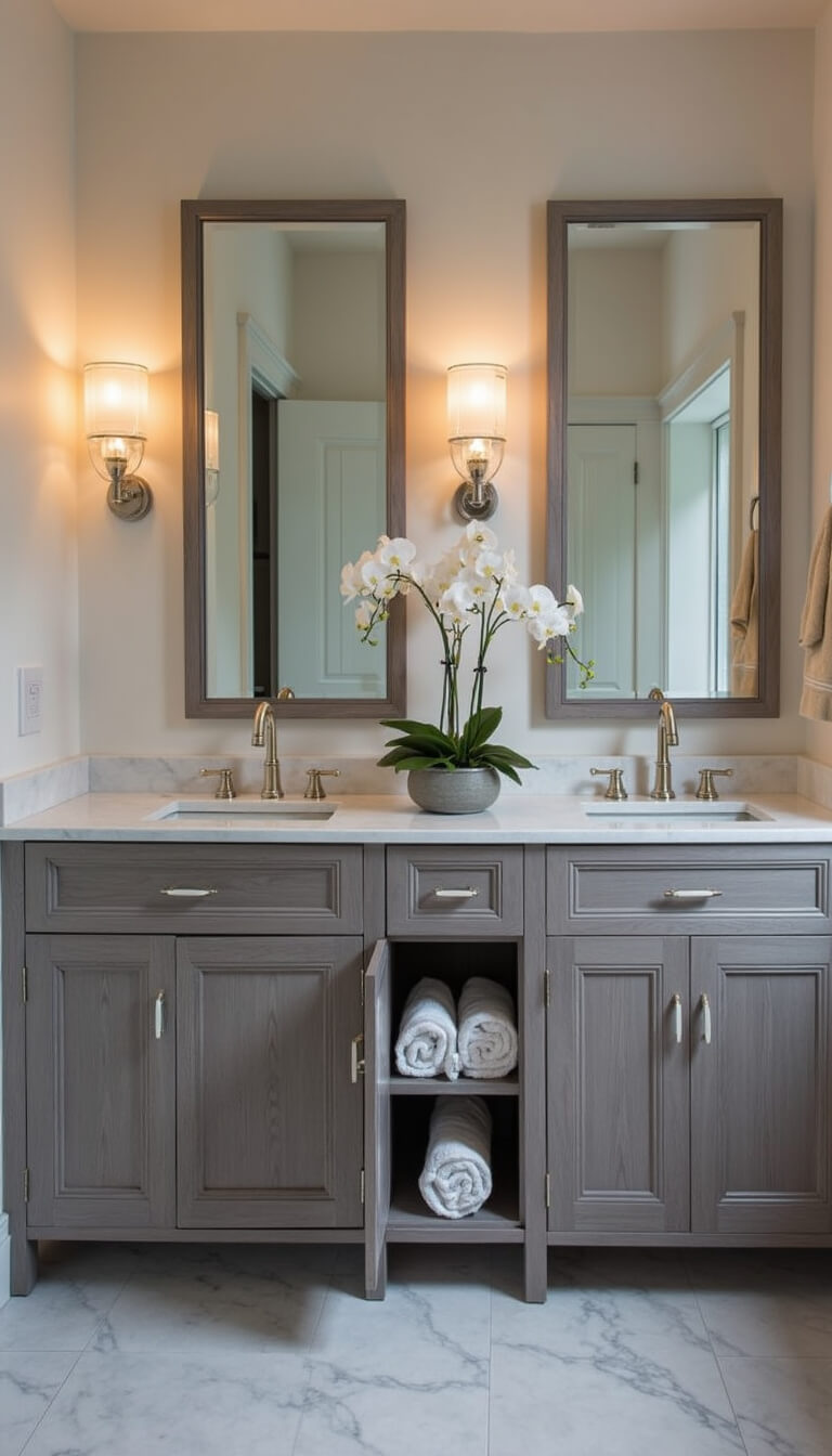 Transitional 12'x14' bathroom at dusk with grey-washed oak vanity, marble top, polished nickel hardware, contemporary mirrors, glass sconces, plush towels, and white orchids in ambient evening light.