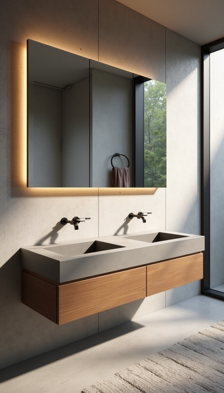 Minimalist 10'x12' bathroom with floating 70-inch concrete double vanity, integrated sinks, floor-to-ceiling LED-lit mirror, and teak accents, viewed from low corner angle.