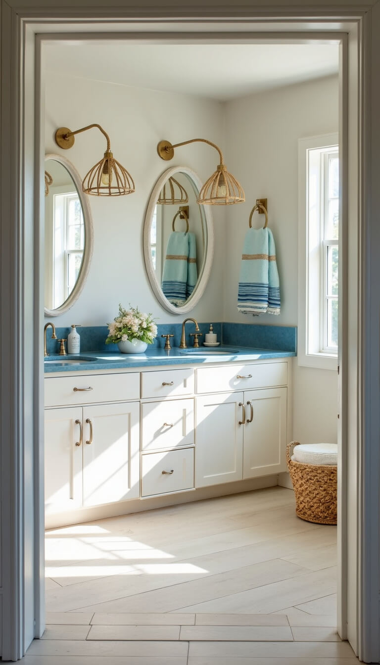 Coastal 11'x13' bathroom with white shaker vanity, blue glass countertop, oval mirrors, rattan pendant lights, seagrass baskets, and coral decor in bright morning light.